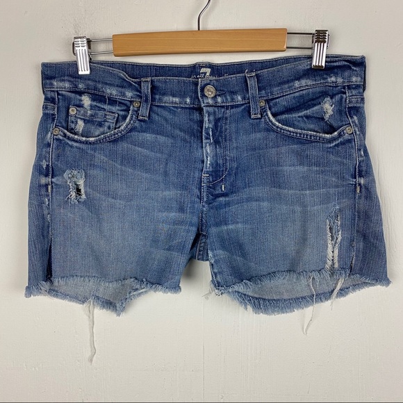 7 For All Mankind Pants - 7FAMK Dojo Destroyed Blue Denim Cut Off Shorts